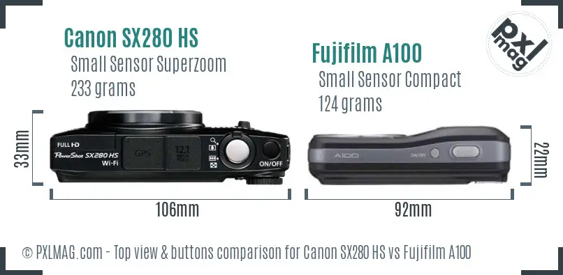 Canon SX280 HS vs Fujifilm A100 top view buttons comparison