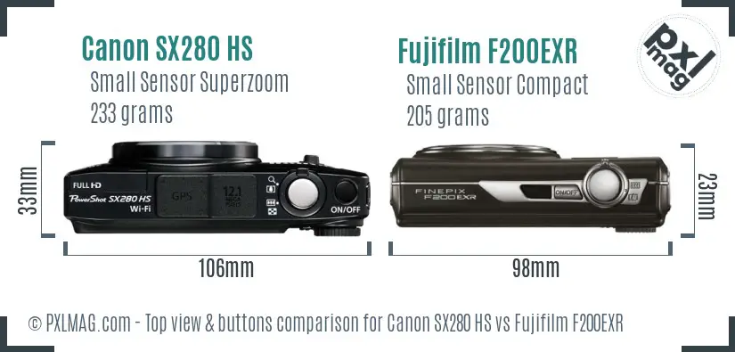 Canon SX280 HS vs Fujifilm F200EXR top view buttons comparison Canon SX280 HS vs Fujifilm F200EXR top view buttons comparison