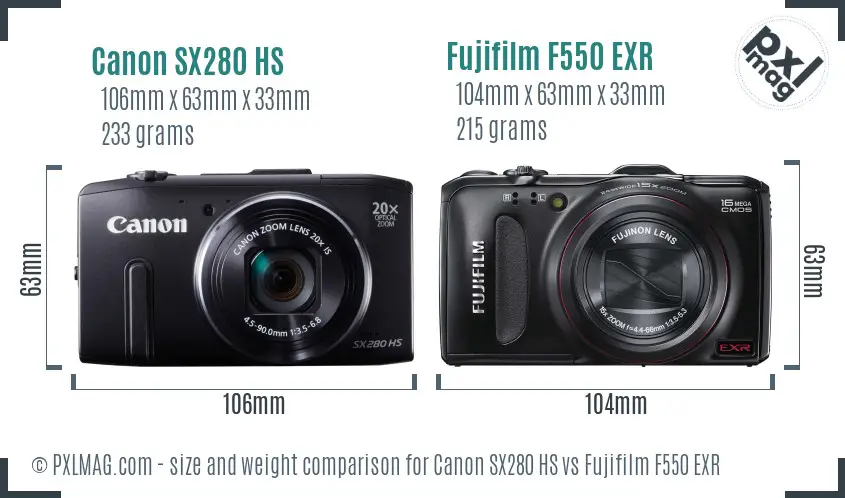 Canon SX280 HS vs Fujifilm F550 EXR size comparison