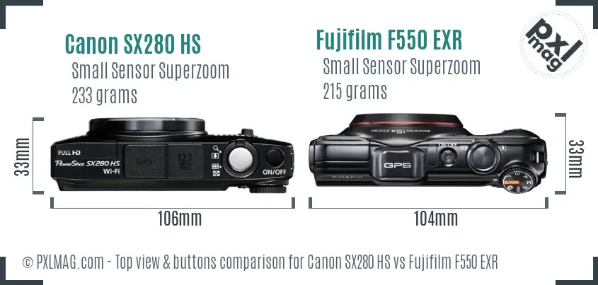 Canon SX280 HS vs Fujifilm F550 EXR top view buttons comparison