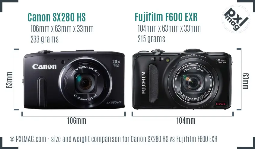Canon SX280 HS vs Fujifilm F600 EXR size comparison