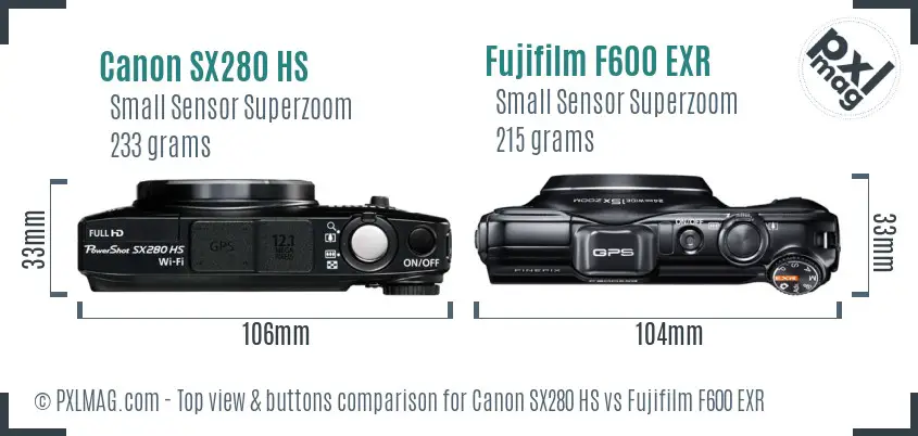Canon SX280 HS vs Fujifilm F600 EXR top view buttons comparison