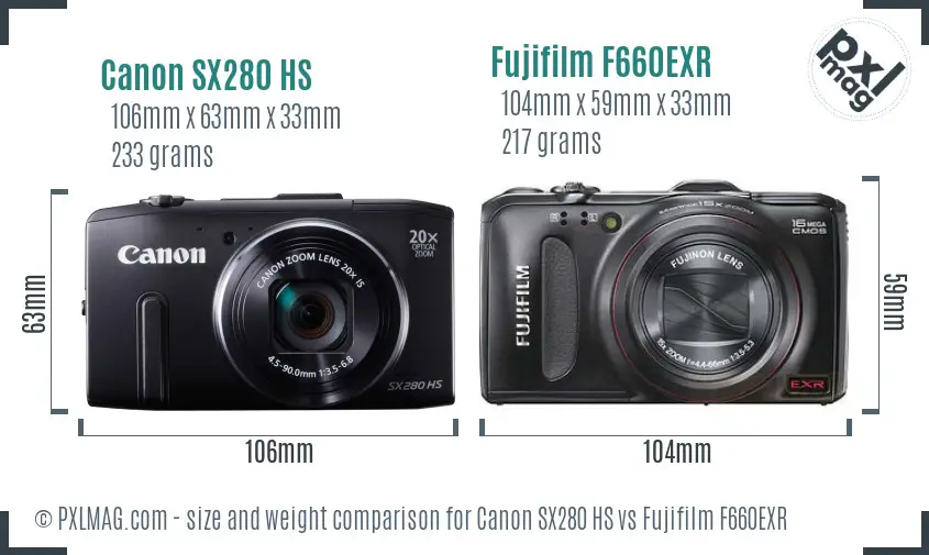 Canon SX280 HS vs Fujifilm F660EXR size comparison Canon SX280 HS vs Fujifilm F660EXR size comparison