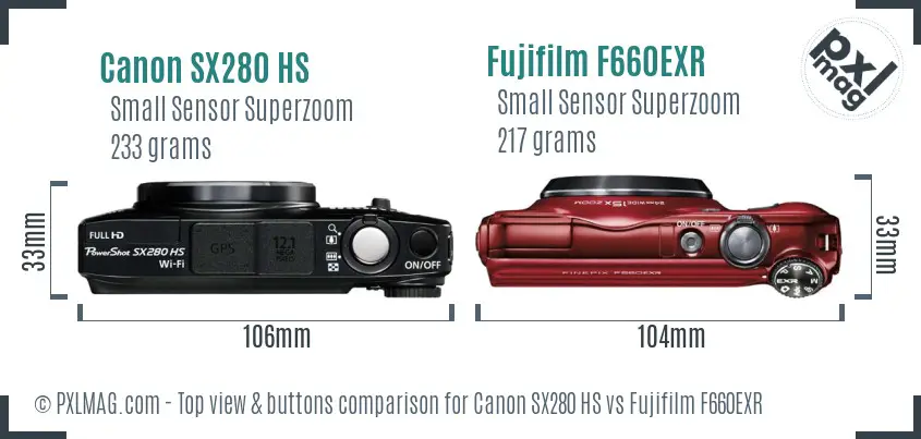 Canon SX280 HS vs Fujifilm F660EXR top view buttons comparison Canon SX280 HS vs Fujifilm F660EXR top view buttons comparison