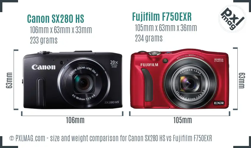 Canon SX280 HS vs Fujifilm F750EXR size comparison