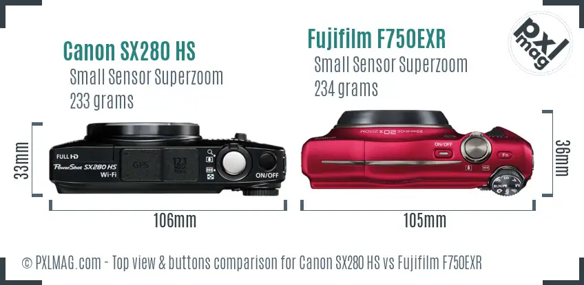 Canon SX280 HS vs Fujifilm F750EXR top view buttons comparison