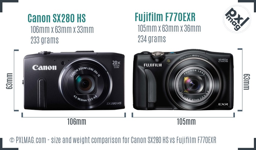 Canon SX280 HS vs Fujifilm F770EXR size comparison