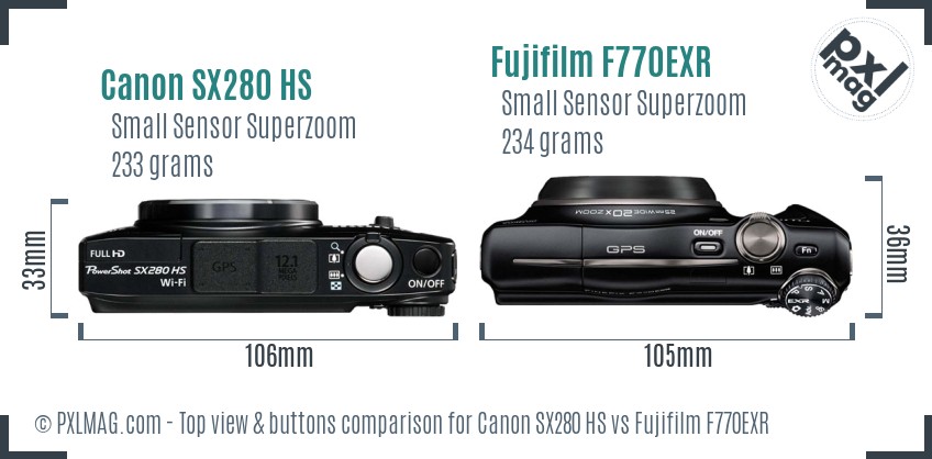 Canon SX280 HS vs Fujifilm F770EXR top view buttons comparison