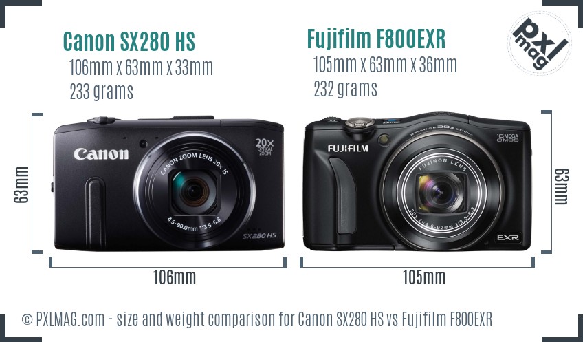 Canon SX280 HS vs Fujifilm F800EXR size comparison