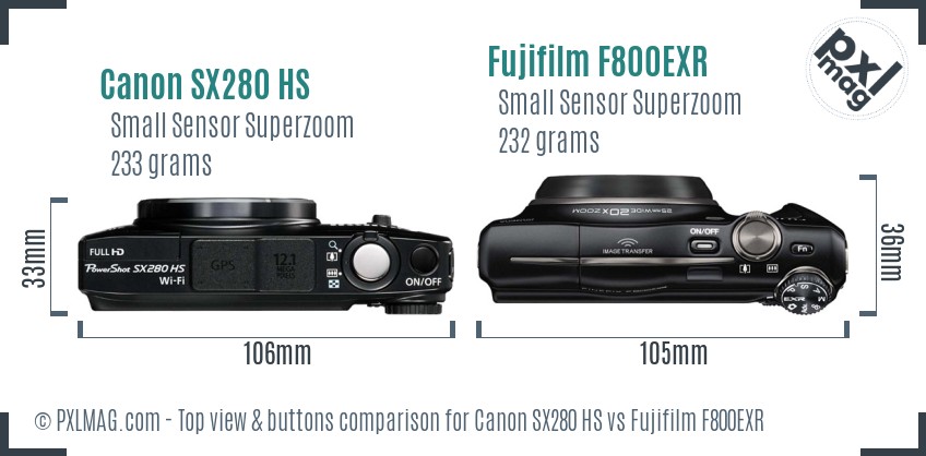 Canon SX280 HS vs Fujifilm F800EXR top view buttons comparison