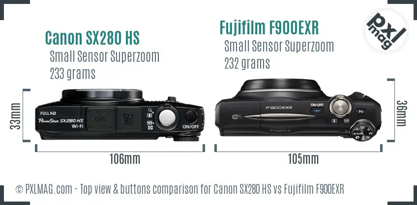 Canon SX280 HS vs Fujifilm F900EXR top view buttons comparison