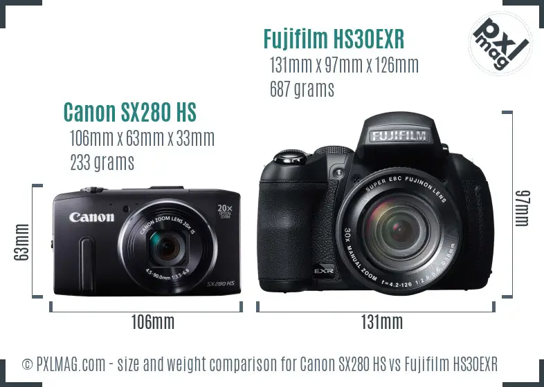 Canon SX280 HS vs Fujifilm HS30EXR size comparison