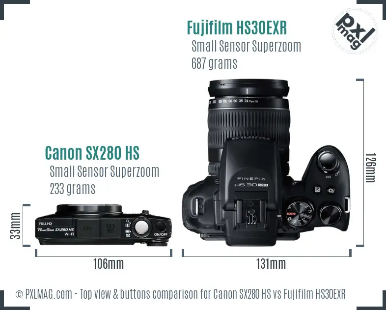 Canon SX280 HS vs Fujifilm HS30EXR top view buttons comparison