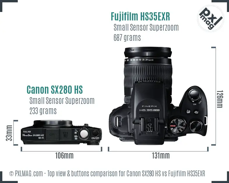 Canon SX280 HS vs Fujifilm HS35EXR top view buttons comparison