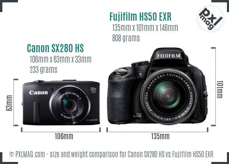 Canon SX280 HS vs Fujifilm HS50 EXR size comparison Canon SX280 HS vs Fujifilm HS50 EXR size comparison
