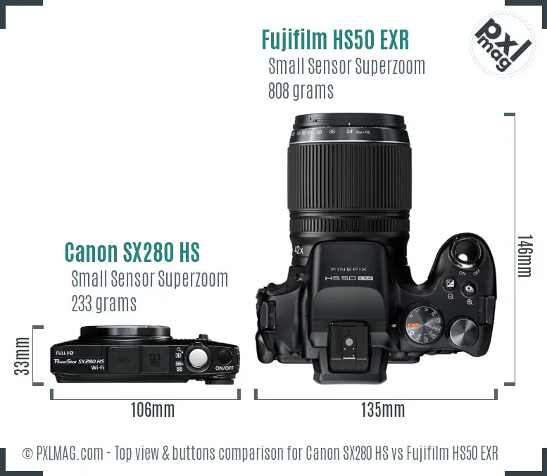 Canon SX280 HS vs Fujifilm HS50 EXR top view buttons comparison Canon SX280 HS vs Fujifilm HS50 EXR top view buttons comparison