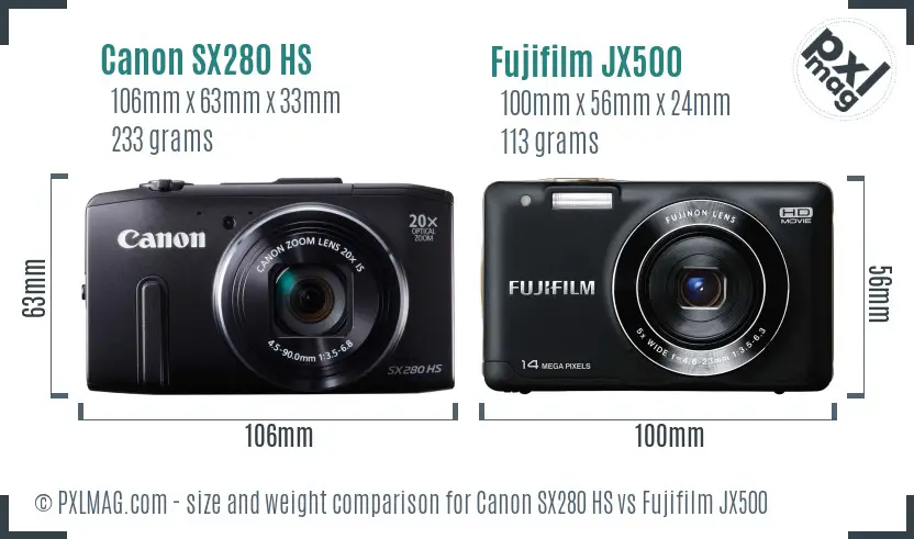 Canon SX280 HS vs Fujifilm JX500 size comparison