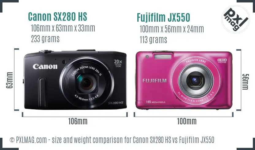 Canon SX280 HS vs Fujifilm JX550 size comparison