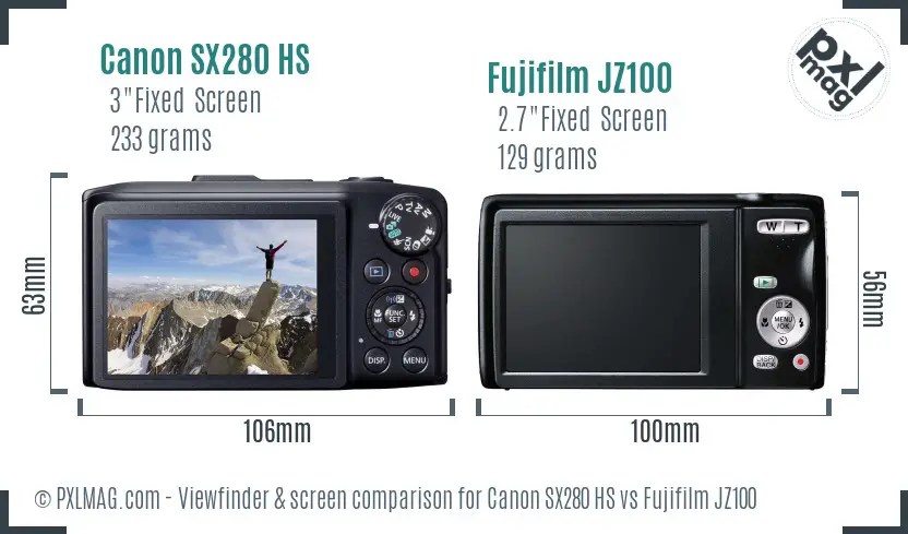 Canon SX280 HS vs Fujifilm JZ100 Screen and Viewfinder comparison