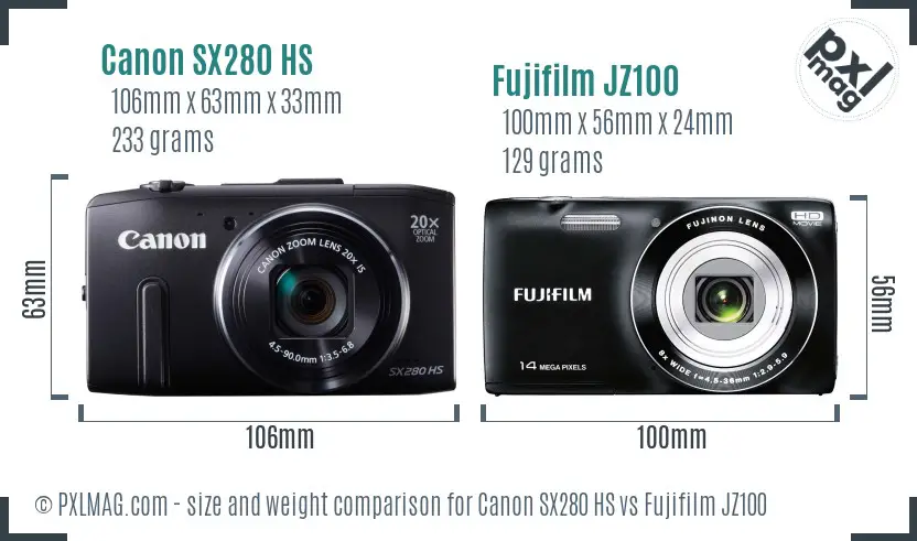 Canon SX280 HS vs Fujifilm JZ100 size comparison