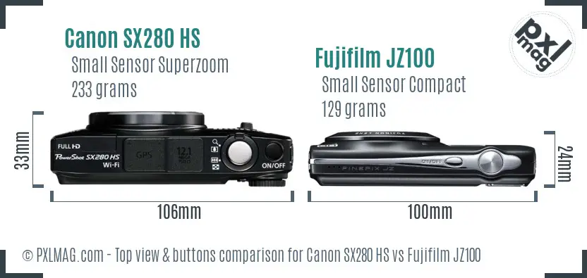 Canon SX280 HS vs Fujifilm JZ100 top view buttons comparison