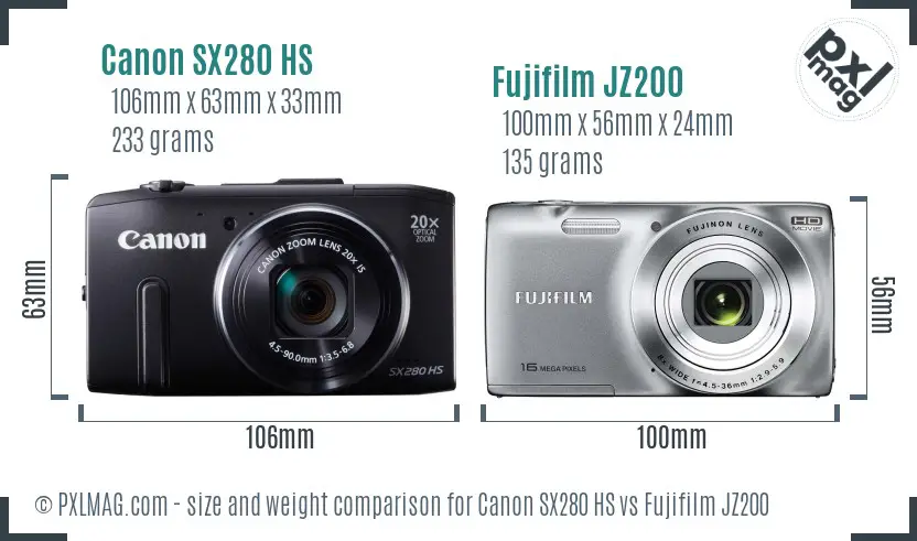 Canon SX280 HS vs Fujifilm JZ200 size comparison