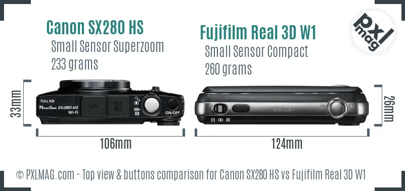 Canon SX280 HS vs Fujifilm Real 3D W1 top view buttons comparison