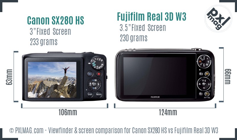 Canon SX280 HS vs Fujifilm Real 3D W3 Screen and Viewfinder comparison