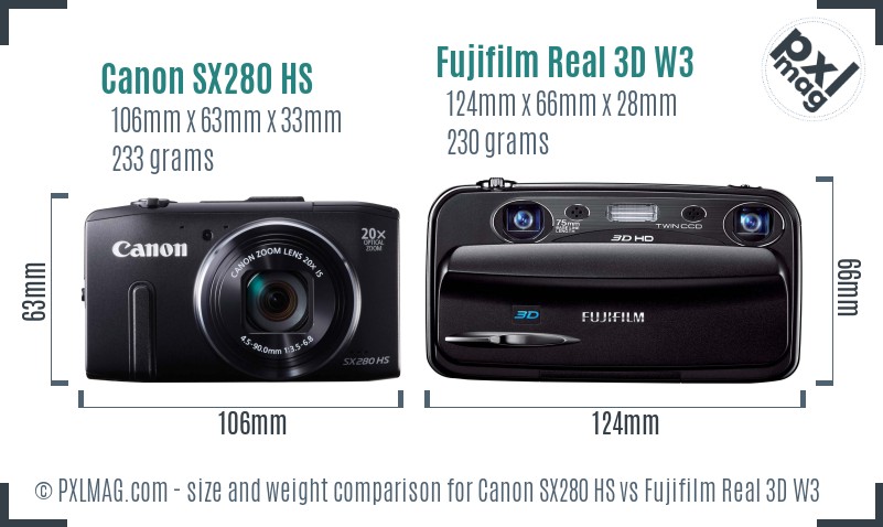 Canon SX280 HS vs Fujifilm Real 3D W3 size comparison Canon SX280 HS vs Fujifilm Real 3D W3 size comparison
