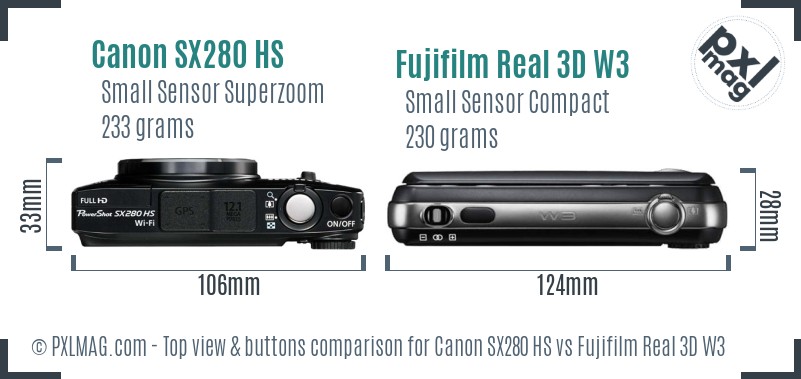Canon SX280 HS vs Fujifilm Real 3D W3 top view buttons comparison