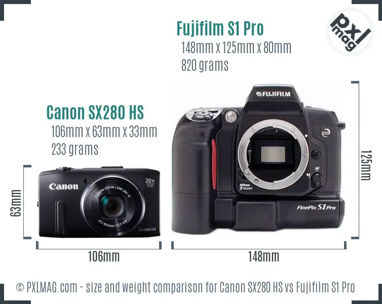 Canon SX280 HS vs Fujifilm S1 Pro size comparison