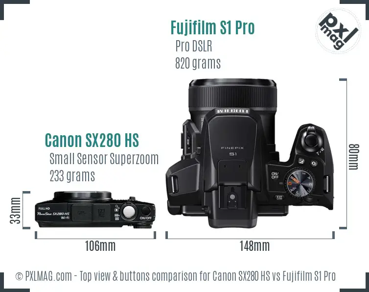 Canon SX280 HS vs Fujifilm S1 Pro top view buttons comparison