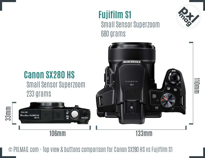 Canon SX280 HS vs Fujifilm S1 top view buttons comparison