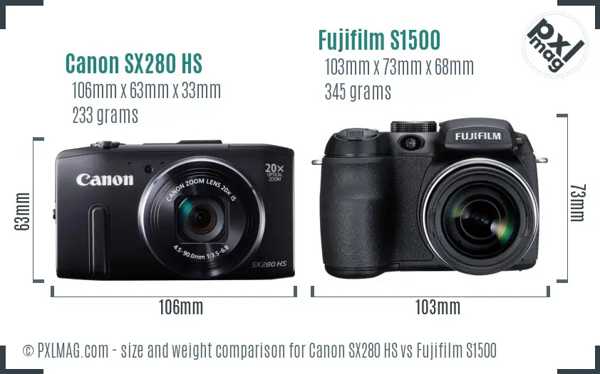 Canon SX280 HS vs Fujifilm S1500 size comparison