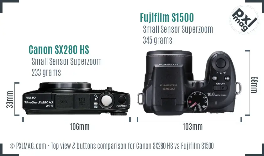 Canon SX280 HS vs Fujifilm S1500 top view buttons comparison