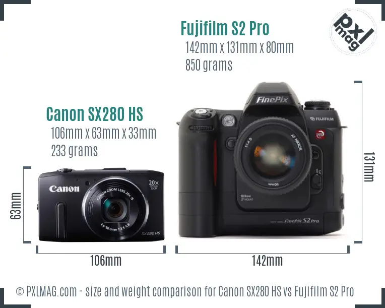 Canon SX280 HS vs Fujifilm S2 Pro size comparison