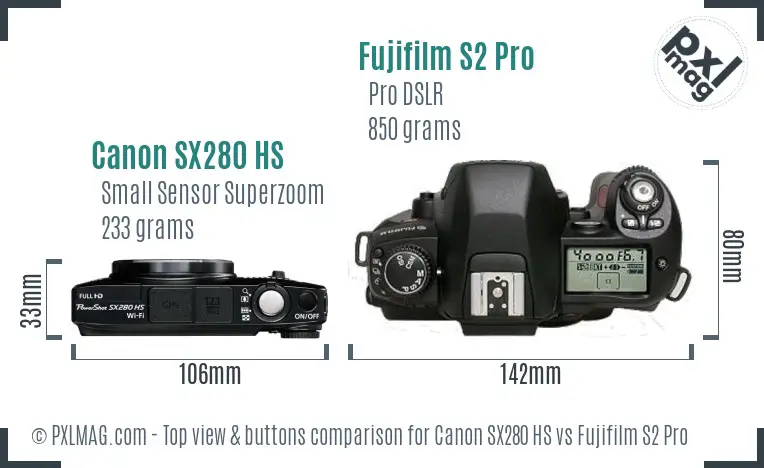 Canon SX280 HS vs Fujifilm S2 Pro top view buttons comparison