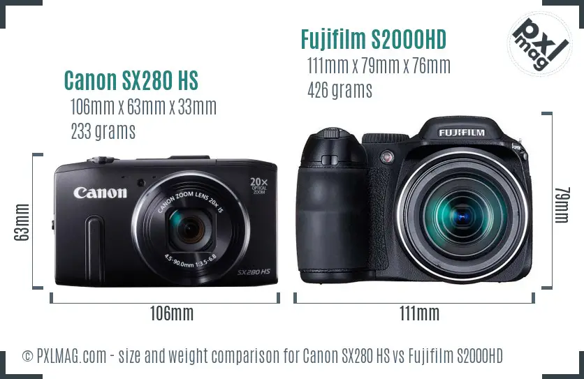 Canon SX280 HS vs Fujifilm S2000HD size comparison