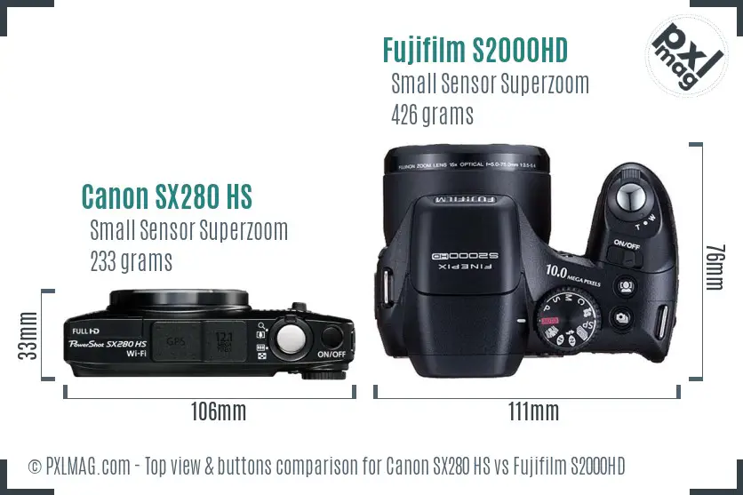 Canon SX280 HS vs Fujifilm S2000HD top view buttons comparison