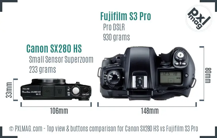 Canon SX280 HS vs Fujifilm S3 Pro top view buttons comparison Canon SX280 HS vs Fujifilm S3 Pro top view buttons comparison