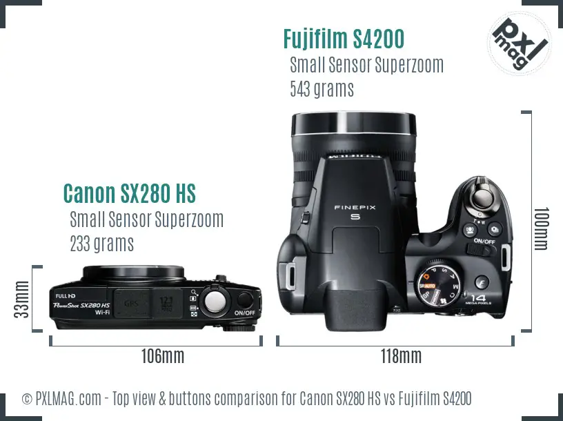 Canon SX280 HS vs Fujifilm S4200 top view buttons comparison Canon SX280 HS vs Fujifilm S4200 top view buttons comparison