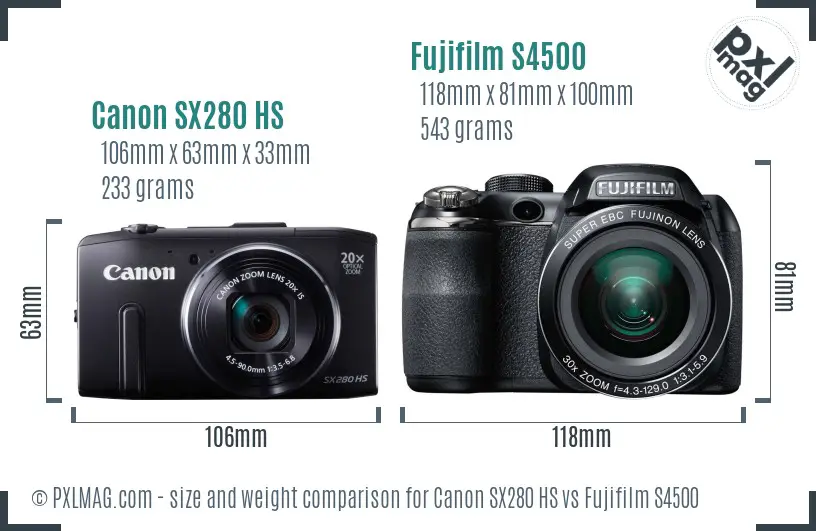 Canon SX280 HS vs Fujifilm S4500 size comparison