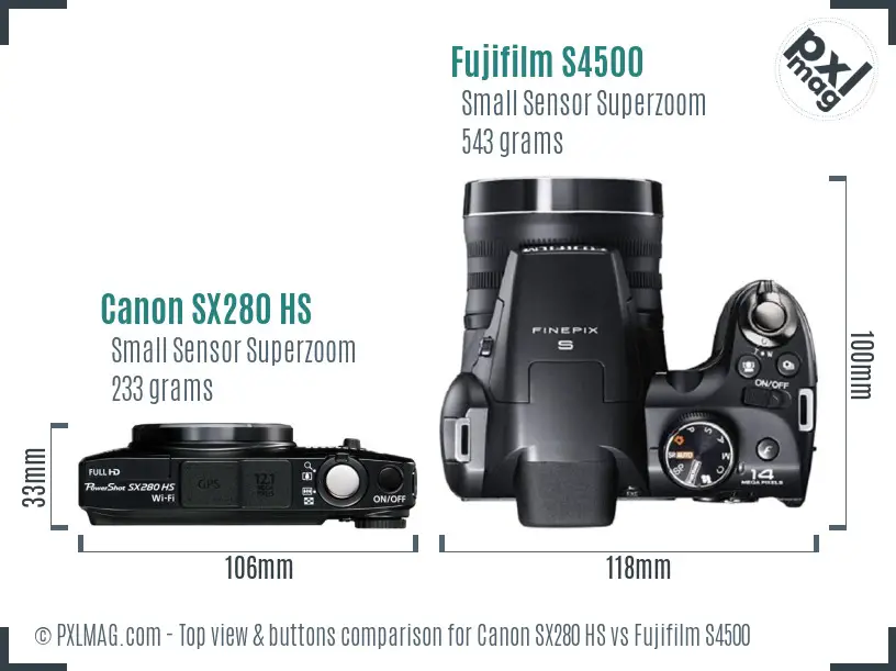 Canon SX280 HS vs Fujifilm S4500 top view buttons comparison