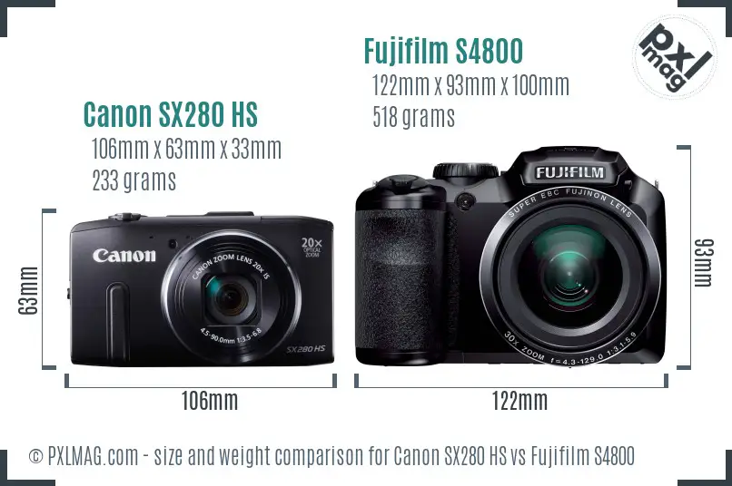 Canon SX280 HS vs Fujifilm S4800 size comparison