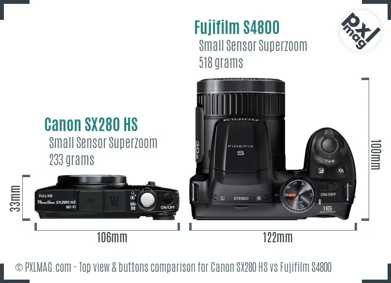 Canon SX280 HS vs Fujifilm S4800 top view buttons comparison