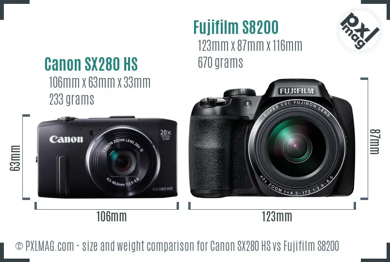 Canon SX280 HS vs Fujifilm S8200 size comparison