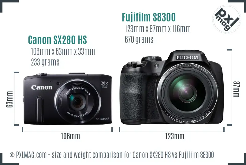 Canon SX280 HS vs Fujifilm S8300 size comparison