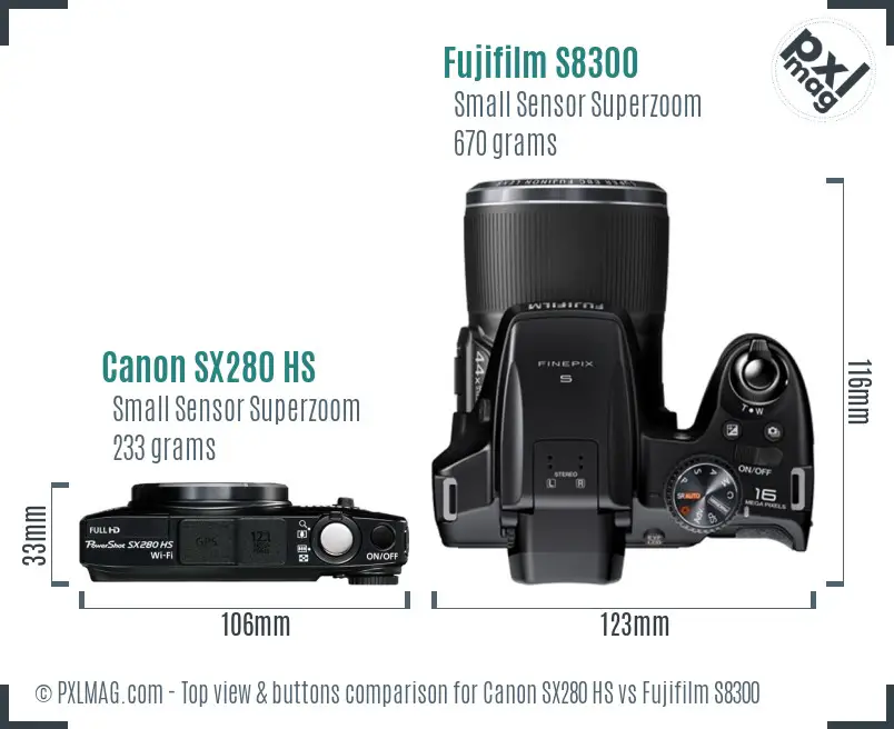 Canon SX280 HS vs Fujifilm S8300 top view buttons comparison