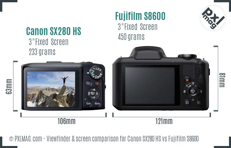 Canon SX280 HS vs Fujifilm S8600 Screen and Viewfinder comparison