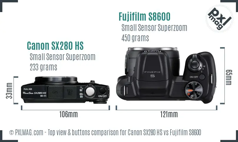 Canon SX280 HS vs Fujifilm S8600 top view buttons comparison